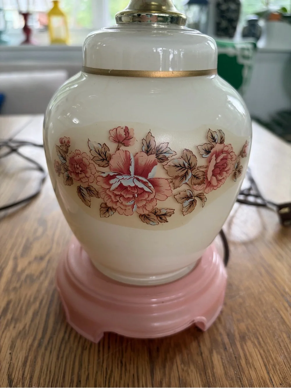 Source Unknown Pink and Cream Floral Glass Lantern Lamps, Pair